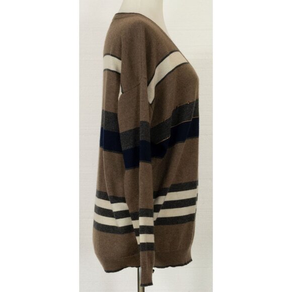 BRUNELLO CUCINELLI 100% CASHMERE STRIPED V-NECK SWEATER W/SEQUIN AND MONILI M - Picture 8 of 10